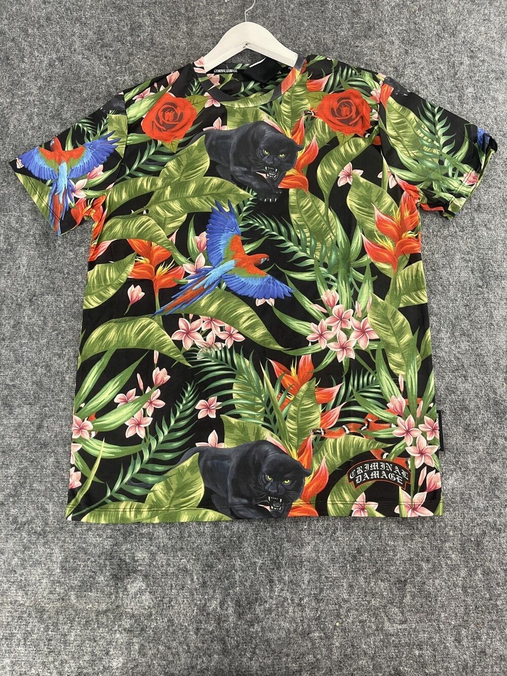 CRIMINAL DAMAGE Shirt Mens Large Tee Floral Green Puma Cougar Parrot N133